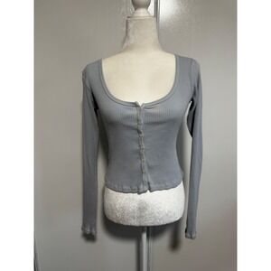 Brandy Melville Gray Ribbed Button Up‎ Long Sleeve Cropped Shirt Top Women's Sm